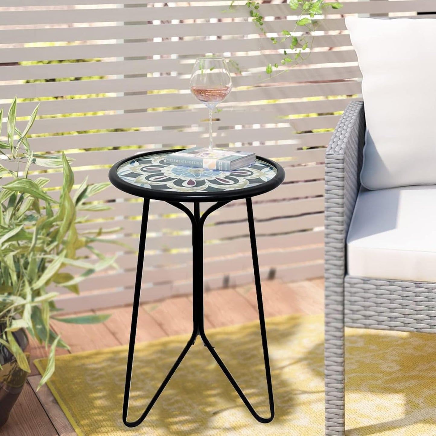 LIFFY Outdoor Side Tables, 12" Weather Resistant Metal & Glass Patio Accent Side Table, Indoor Small Round Home Decorative End Table, Plant Stands Table Outside, for Yard Balcony Garden Bedside