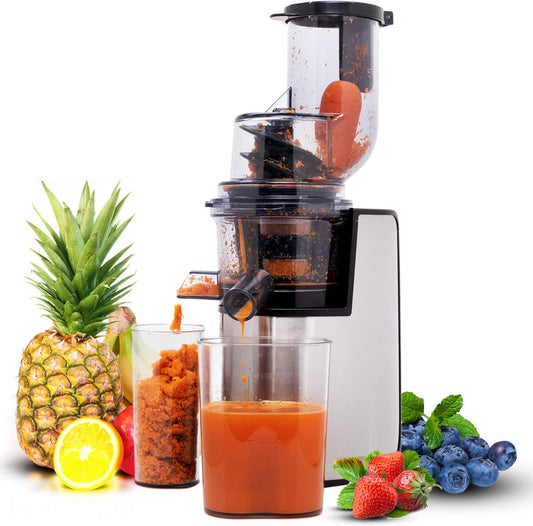 Geepas Gsj44019Uk 200W Masticating Slow Juicer Machine Cold Press Juicer, 80 mm Big Wide Mouth, Creates Fresh Healthy, High Nutrient Vegetable & Fruit Juice Quiet Motor Reverse Function, White