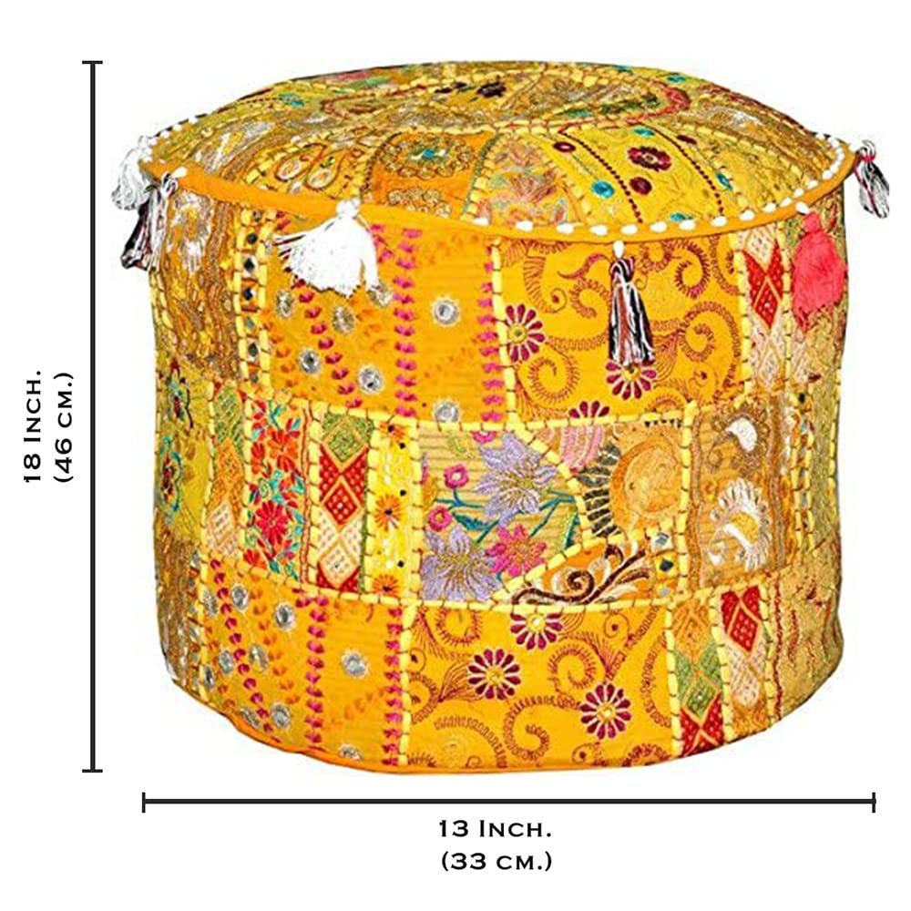 Aakriti Gallery Indian Pouf Footstool Ethnic Embroidered Pouf Cover, Indian Cotton Round Pouffe Ottoman Pouf Cover Pillow Ethnic Decor Art - Cover Only (Yellow, 18x13)