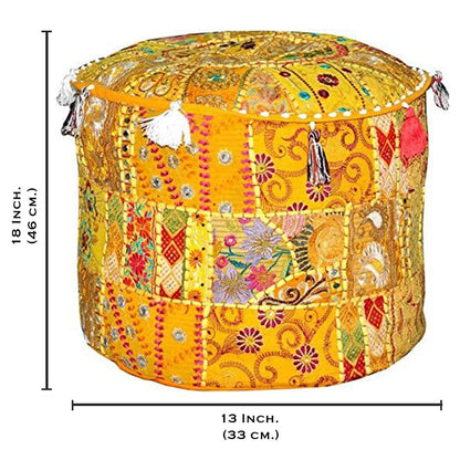 Aakriti Gallery Indian Pouf Footstool Ethnic Embroidered Pouf Cover, Indian Cotton Round Pouffe Ottoman Pouf Cover Pillow Ethnic Decor Art - Cover Only (Yellow, 18x13)