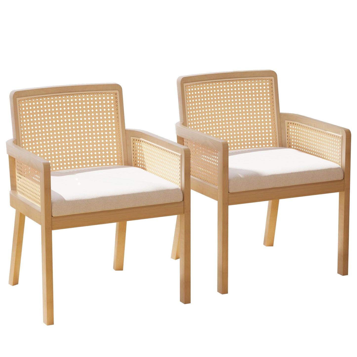 MeetLeisure Mid-Century Modern Rattan Chair Set of 2 - Rattan Accent Chair Wooden Chair with Cane Back for Living Room Reading Room, Beige Cushion Included, Walnut Wood