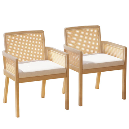 MeetLeisure Mid-Century Modern Rattan Chair Set of 2 - Rattan Accent Chair Wooden Chair with Cane Back for Living Room Reading Room, Beige Cushion Included, Walnut Wood