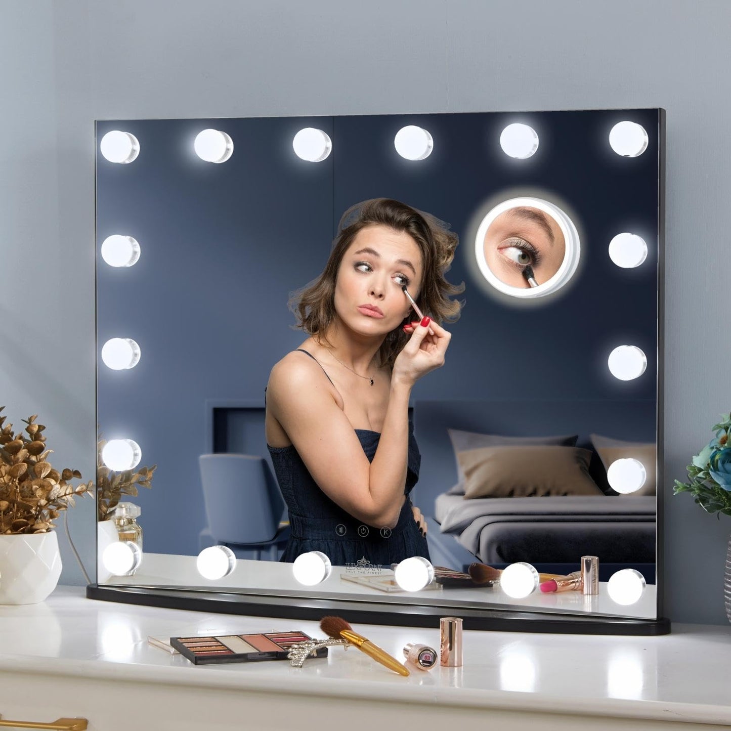 LUXFURNI Vanity Mirror with Makeup Lights, Large Hollywood Light up Mirrors w/ 18 LED Bulbs for Bedroom Tabletop & Wall Mounted (26Wx21L, Black)