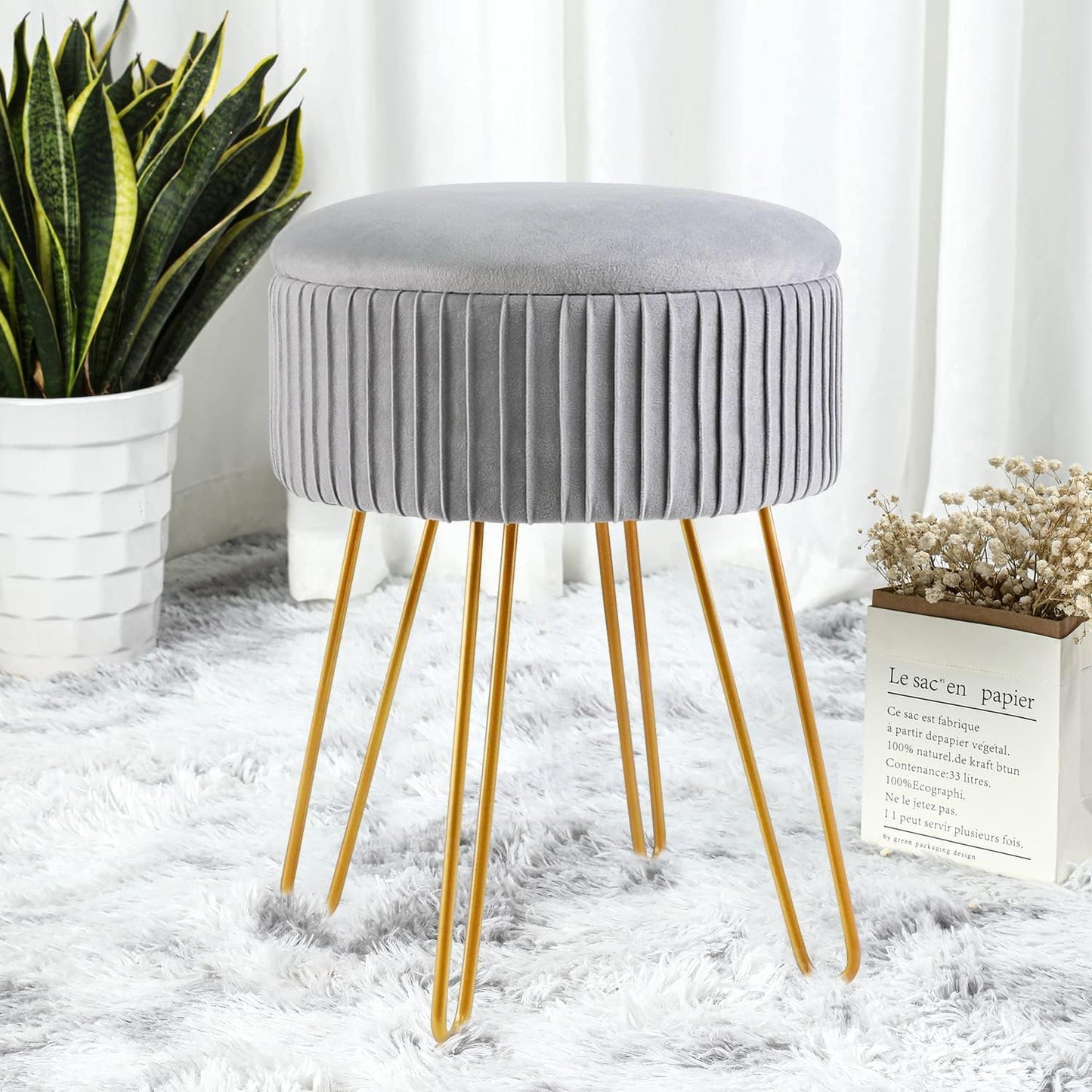 XTECH Stripe Velvet Vanity Chair Round Ottoman,Upholstered Vanity Makeup Footstool Side Table Dressing Chair with Golden Metal Legs (Green), DBXT7164-70