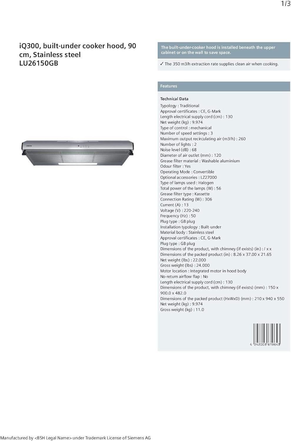 Siemens Built Under Cooker Hood Stainless Steel, 90 cm - Lu26150GB"Min 1 year manufacturer warranty"