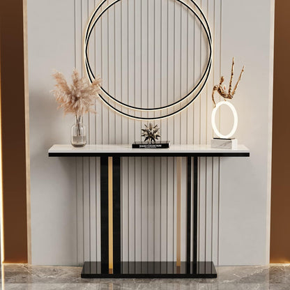 Wisfor Marble Console Table Hallway: 120x30x78 CM White Sintered Stone Entryway Console Table with Black and Gold Geometric Line Pedestal for Foyer, Living Room, Sofa Side Table