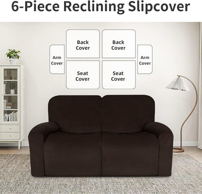 Easy-Going Velvet Reclining Loveseat with Middle Console Slipcover, Stretch 8-Piece Loveseat Reclining Sofa Covers, 2 Seat Loveseat Recliner Slipcover, Thick, Soft, Washable, Gray