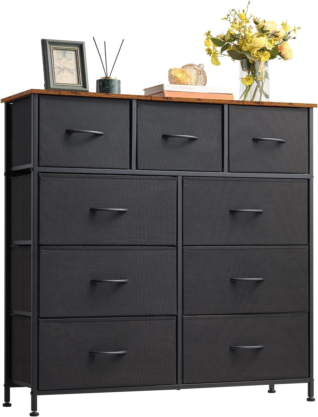 SKY-TOUCH Storage Cabinet : Bedroom Dresser with 9 Drawers Wide Storage Chest with Removable Fabric Bins Storage Organizer Unit for Living Room Entryway Hallway Nursery Kids Room (100*30*96CM Black)