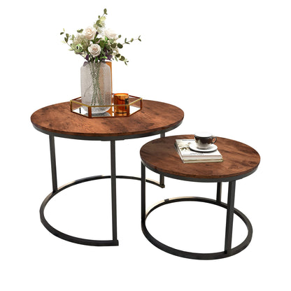 ARFARLY Round Coffee Table Set of 2 End Tables for Living Room, Nesting Coffee Table Wooden Accent Furniture with Golden Metal Frame,Stacking Side Tables