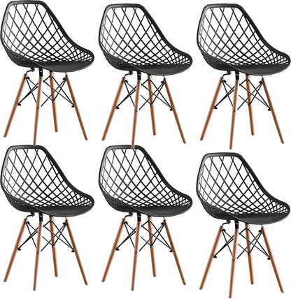 Dining Chair,Newest Style Modern Plastic Chair,Shell Room Chair with Lattice Back and Wooden Dowel Eiffel Legs,for for Kitchen Bedroom Living Room (Black,four chairs)