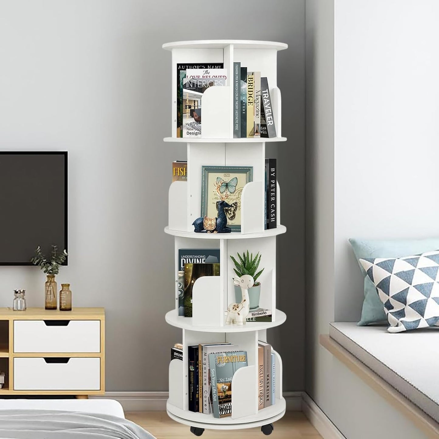 yeshine 4-Tier Rotating Bookshelf, 360° Rotating Bookcase with Castors Corner Display Storage Shelf Floor Standing Book Shelves for Bedroom Living Room Study Office