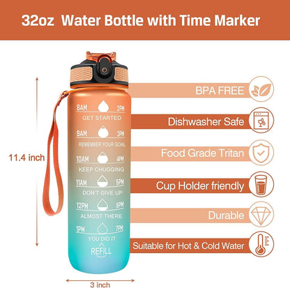 Illys Plastic Water Bottle, 1L / 32oz with Motivational Time Marker (Multi colour)