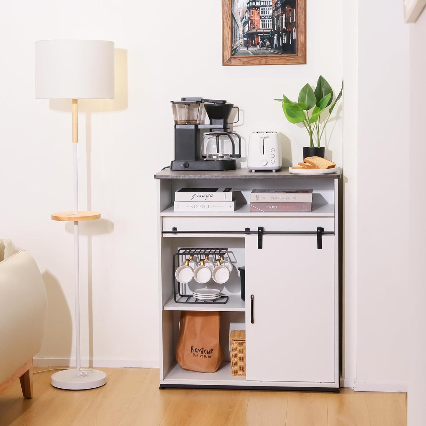 ALBAD Coffee Bar Cabinet/Table, 32" Buffet Sideboard with Sliding Barn Door and Storage Shelves, Farmhouse Wood Kitchen/Accent Storage Cabinet White