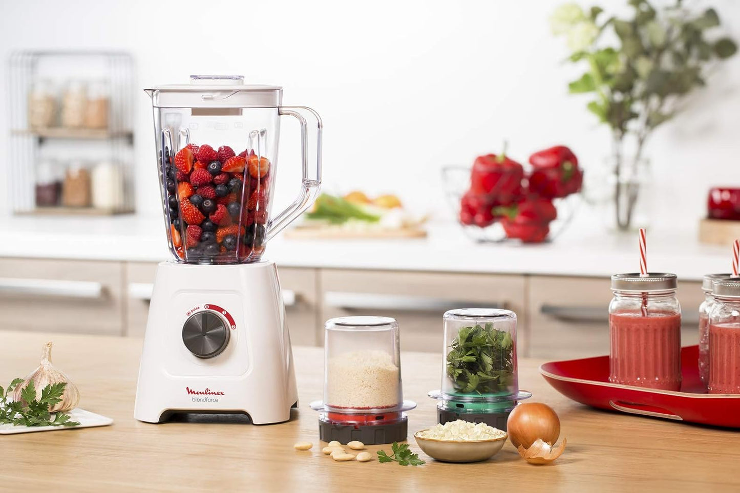 MOULINEX Blender | BlendForce XXL Jar 2.8 L Blender Smoothie Maker | Mixer | 600 W | 2 Attachments | 2.8L XXL Plastic Jar| 6 Powelix Blades | Ice Crush | 2 Speeds | 2 Years Warranty | LM458127