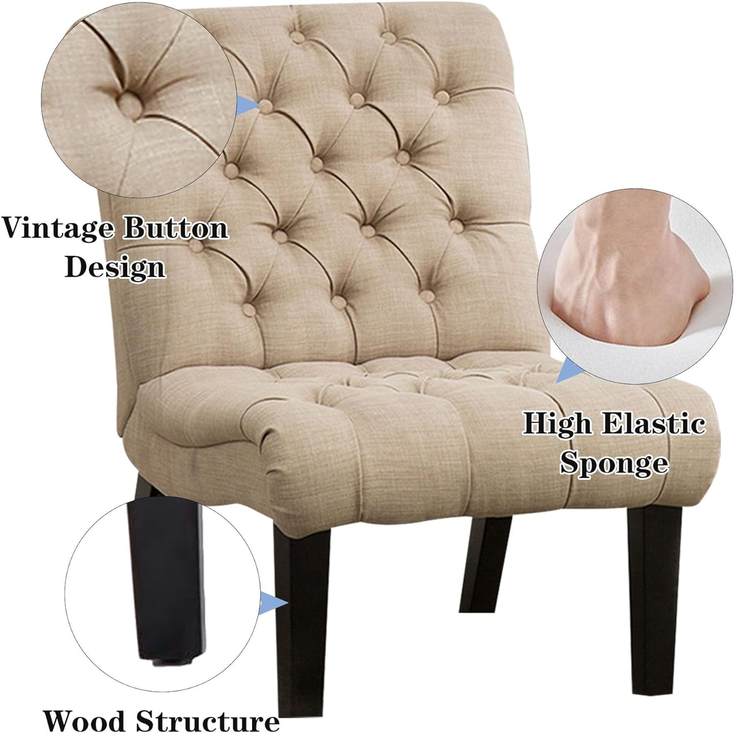 Alunaune Bedroom Chairs Armless Accent Lounge Chair Upholstered Tufted Sofa Backrest Fabric Recliner Living Room Chairs with Wood Legs-Khaki