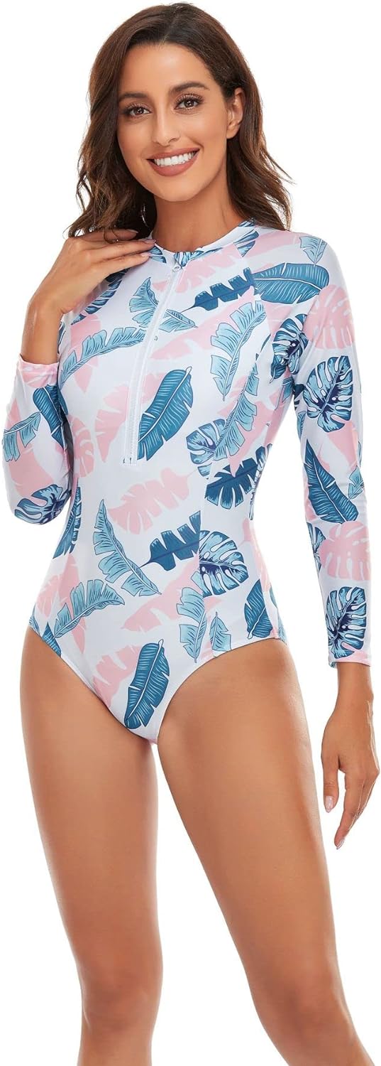 Women One Piece Swimsuit Printed Zipper Slim Long Sleeve Swimwear Bathing Suit