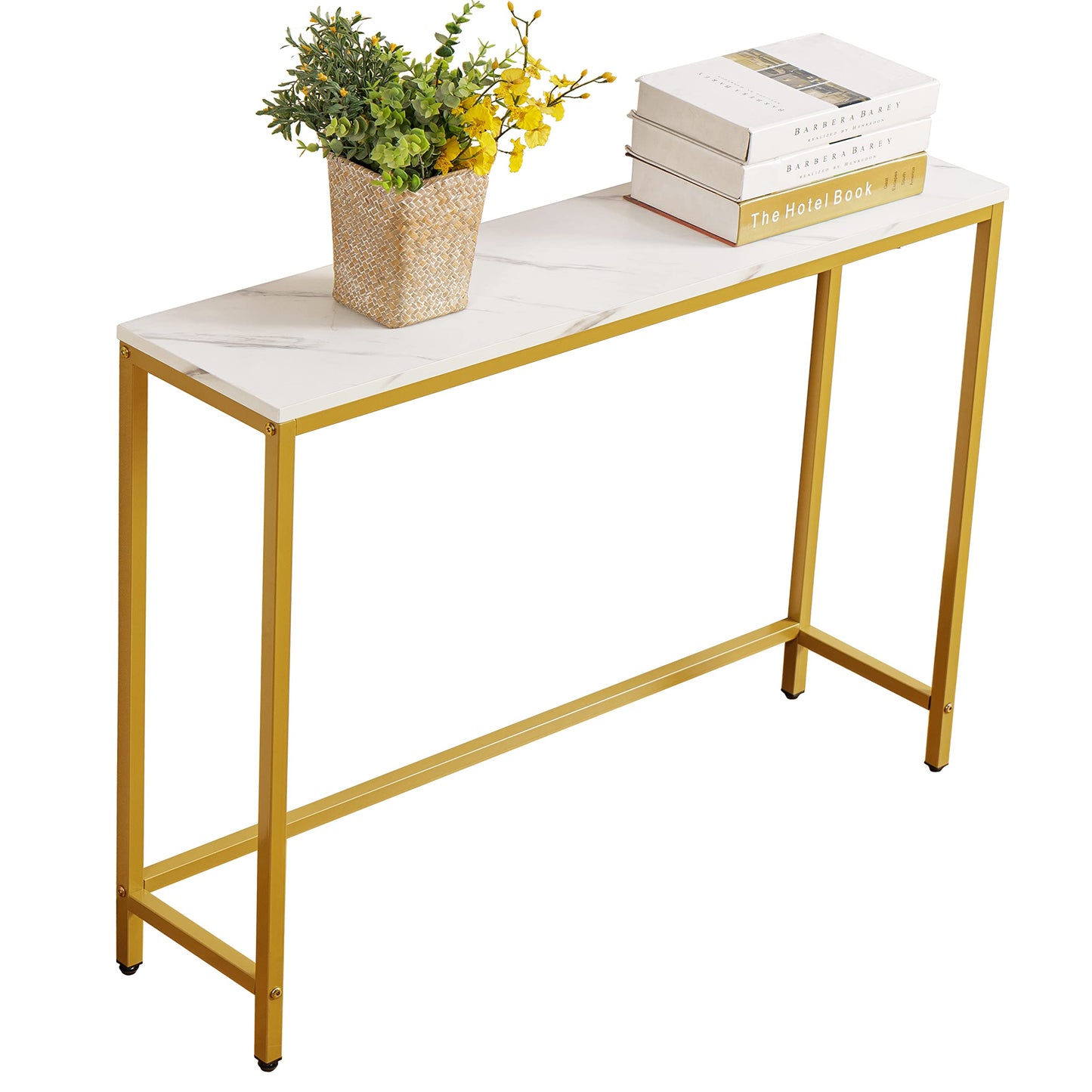 loglus Console Table for Entryway, Faux Marble MDF Sofa Table with Golden Frame (Double Layer, White Marble)