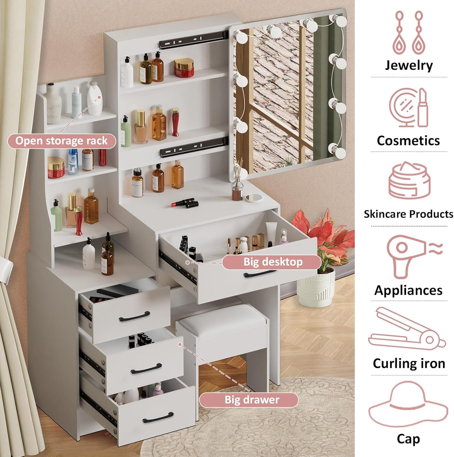 LIANWANG Dressing Table with LED Lighting, 3 Colour Temperatures, Adjustable Brightness, Dressing Table with Mirror for Make-Up, 6 Drawers, 1 Stool, 131 x 80 x 36 cm, White