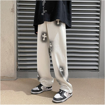 Men Jeans Baggy Straight Relaxed Cargo Work Pants With Pockets, Men's Loose Hip-hop Printed Baggy Denim Jeans