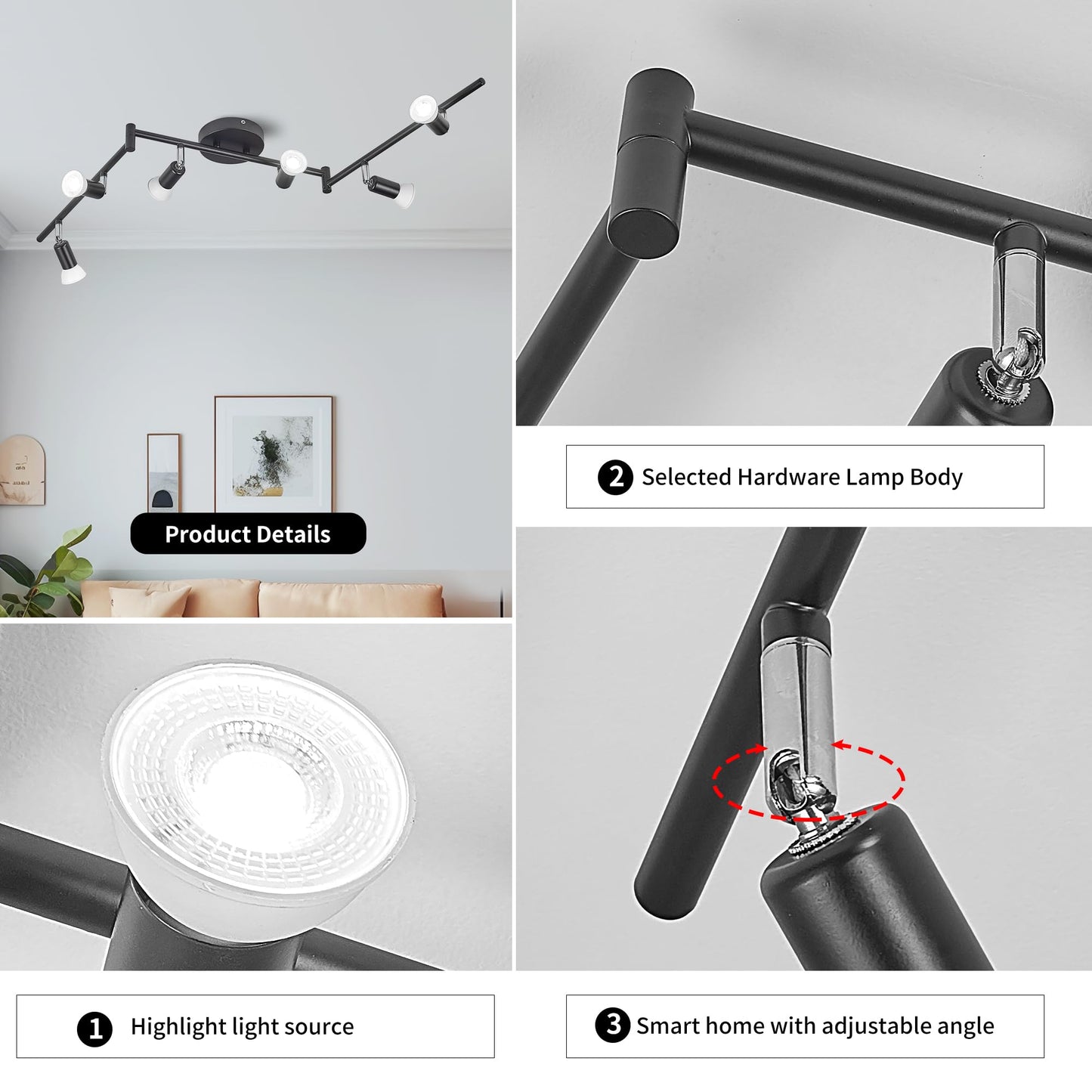 Qcyuui Modern 4-Light Track Lighting Kit, Flush Mount Wall/Ceiling Spot Lights Fixture, LED Track Light with Chrome Flexibly Rotatable Light Head for Kitchen Living Room, 4×GU10 Bulb (Included)