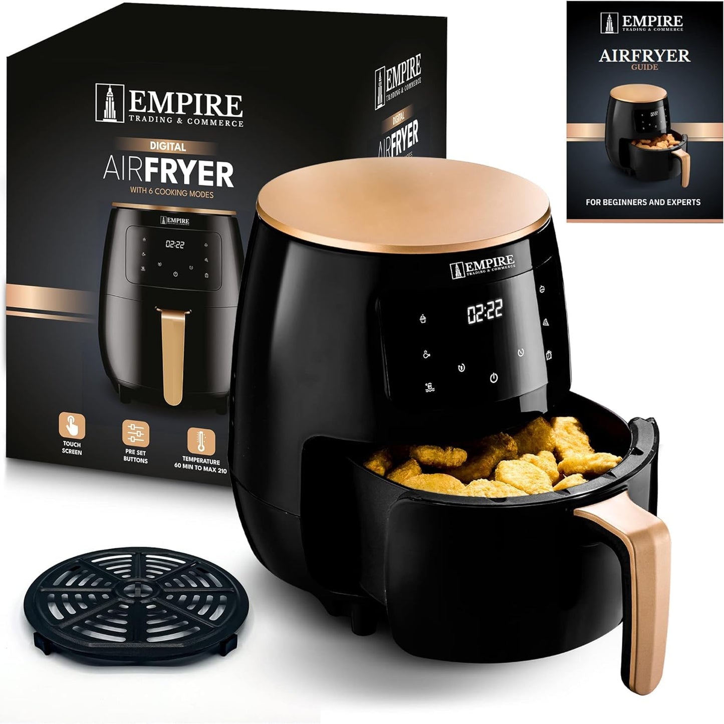 Empire Air Fryer 4.5L with Non-Stick Basket, 1400W High Power Digital Airfryer, 8 Pre-Set Functions, Digital LCD Smart Touch Screen Air Fryer Oven for Kitchen,BPA Free,Dishwasher Safe with FREE E-Book