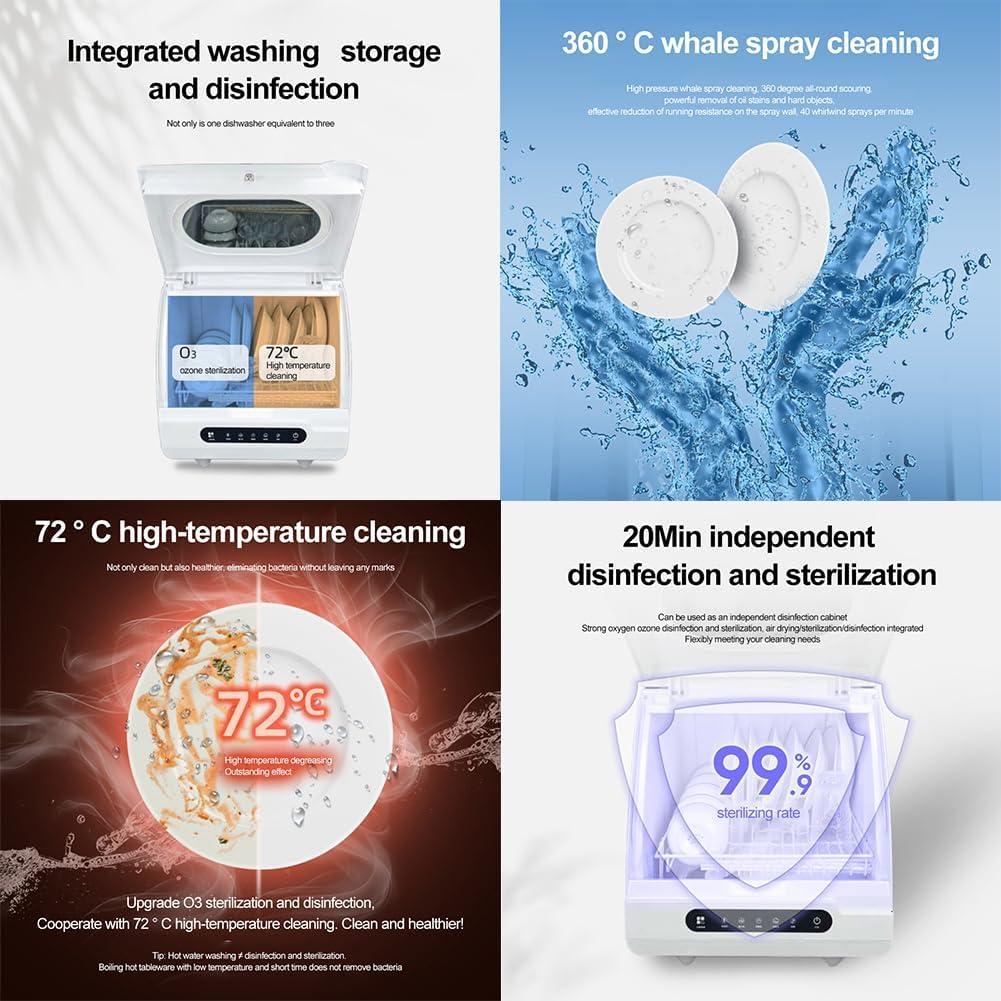 Zertylre Table Top Dishwasher, Intelligent Ozone Sterilization Automatic Mini Dishwasher, with 5 Washing Programs, Baby Care & Fruit Wash, 360 Degree Spraying Water, 72°C Hot Air Drying for Apartment