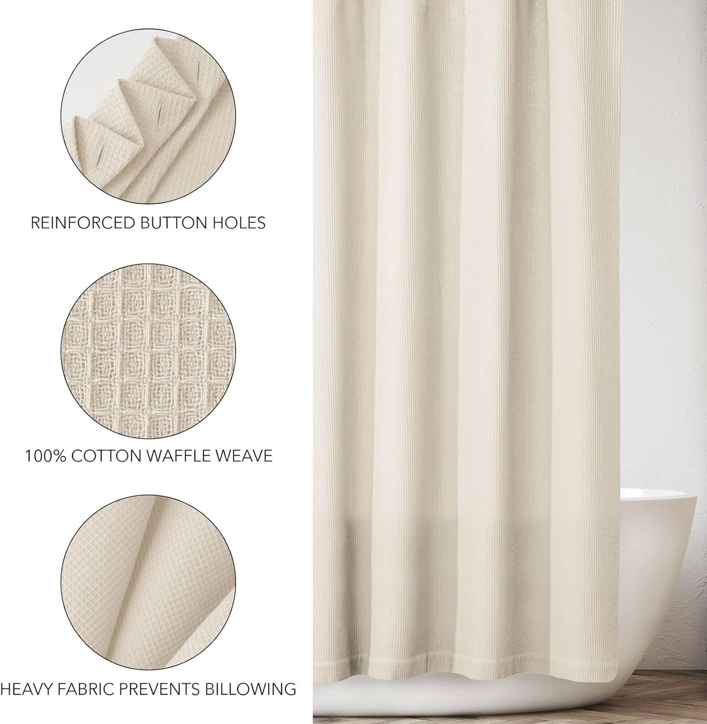 mDesign Cotton Waffle Weave Fabric Shower Curtain - for Bathroom Showers and Bathtubs - Hotel Quality - Machine Washable - Farmhouse Style - 72x72 Inch Cream/Beige