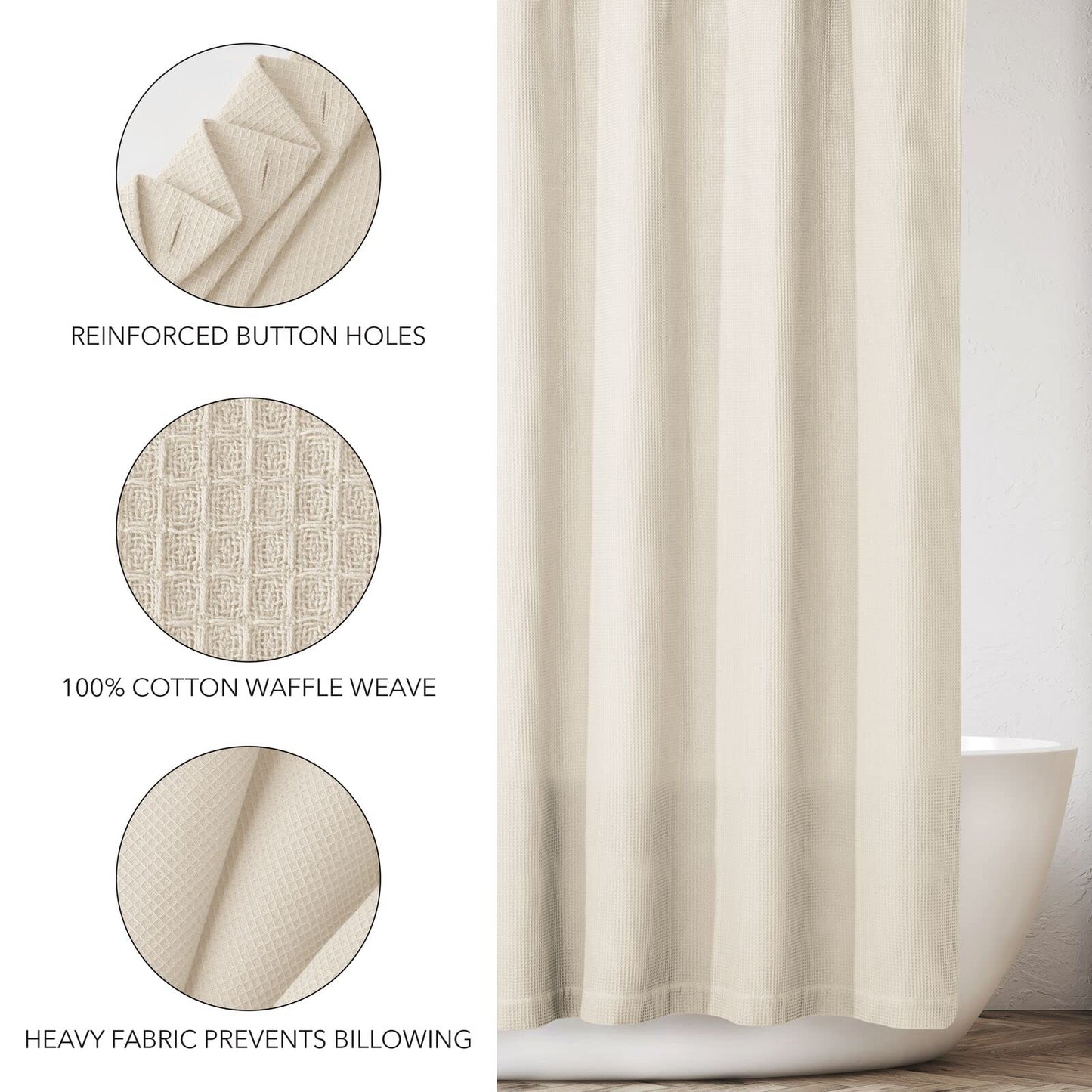 mDesign Cotton Waffle Weave Fabric Shower Curtain - for Bathroom Showers and Bathtubs - Hotel Quality - Machine Washable - Farmhouse Style - 72x72 Inch Cream/Beige