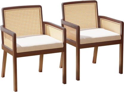 MeetLeisure Mid-Century Modern Rattan Chair Set of 2 - Rattan Accent Chair Wooden Chair with Cane Back for Living Room Reading Room, Beige Cushion Included, Walnut Wood