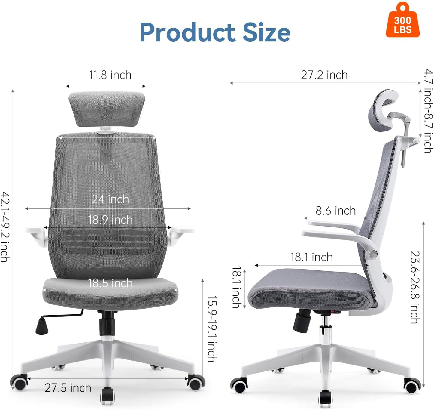 SIHOO Ergonomic Office Chair, Swivel Desk Chair Height Adjustable Mesh Back Computer Chair with Lumbar Support, 90° Flip-up Armrest (Grey)