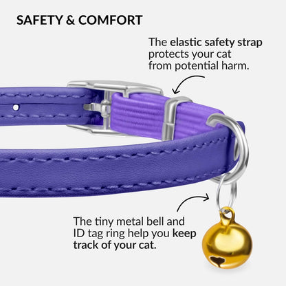 CollarDirect Leather Cat Collar with Elastic Safety Strap and Bell for Boy, Girl, Kitten (Neck Fit 9"-11", White)