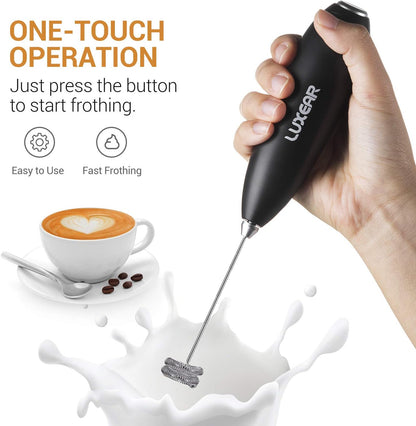 LUXEAR One Touch Milk Frother Handheld, Battery Operated Electric Hand Foamer Blender for Lattes, Whisk Drink Mixer for Coffee, Cappuccino, Frappe, Hot Chocolate with Stainless Steel Stand - Black