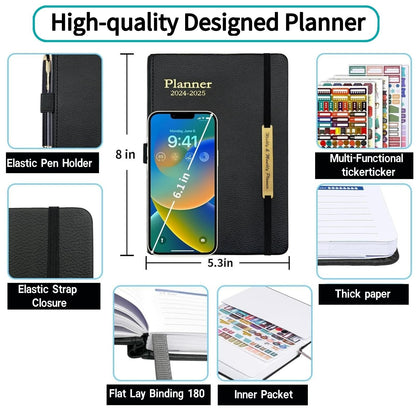 HLELU 2024 Leather Planner Weekly and Monthly, 18 Months Calendar Book, 2024 Academic Planner From Jan. 2024-June 2025, 2024 Appointment Book, Daily Agenda, Yearly Teachers Planner 5.7 X 8.5" -Black