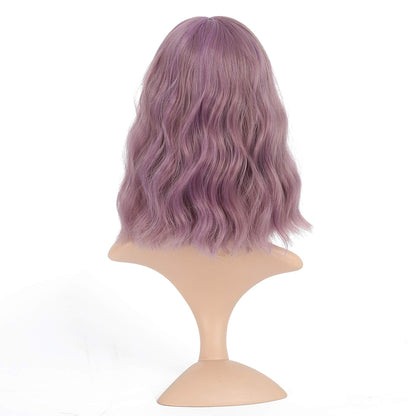 VCKOVCKO Ombre Color Natural Wavy Bob Wig With Air Bangs Short Bob Wigs Women's Shoulder Length Wigs Black to Pink Purple Curly Wavy Synthetic Cosplay for Girl Colorful Wigs(12",Black to WineRed)