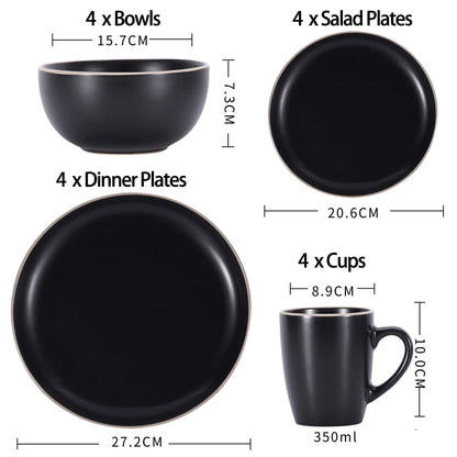 BOBOYM Dinnerware Set,16 Piece White Round A grade Stoneware Dinnerware Set for 4, Kitchen Plates And Bowls Set with Mugs,black dinnerware set