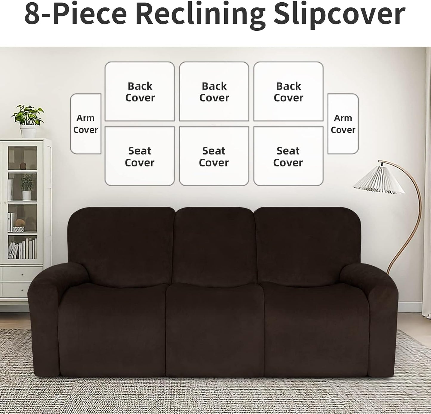 Easy-Going Velvet Reclining Loveseat with Middle Console Slipcover, Stretch 8-Piece Loveseat Reclining Sofa Covers, 2 Seat Loveseat Recliner Slipcover, Thick, Soft, Washable, Gray