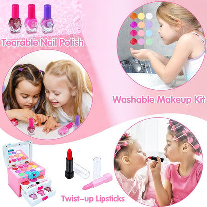 Washable Kids Makeup Kit for Little Girls 3-8, Real Makeup Toy Set with Portable Makeup Box, Lipsticks, Brushes and Mirror for Kids Toddlers Pretend Play Birthday Christmas