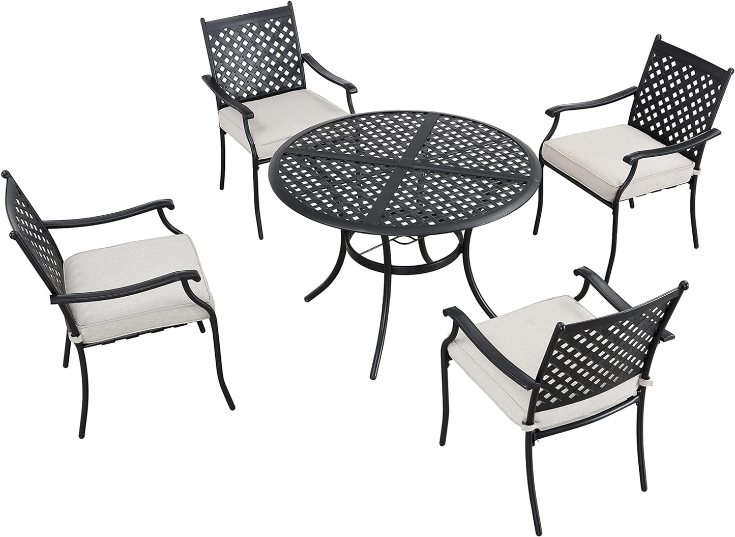 LOKATSE HOME 5 PCS Outdoor Patio Dining Set 4 Armchair with Cushions and 1 Round Table with 2.04" Umbrella Hole, Khaki