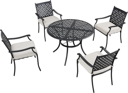 LOKATSE HOME 5 PCS Outdoor Patio Dining Set 4 Armchair with Cushions and 1 Round Table with 2.04" Umbrella Hole, Khaki