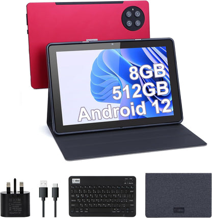 C idea 10.0 Inches Tablet, Android Adults Tablet 512GB Storage Supports Sim Dual Camera Long Battery Life Gaming Tablet With Keyboard Red