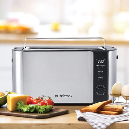 Nutricook Digital 4-Slice Toaster with LED Display, Stainless Steel Toaster with 2 Long & Extra Wide Slots, 6 Toasting Levels, Defrost|Reheat|Cancel,Removable CrumbTray,1500W,T104S, 2 year Warranty"