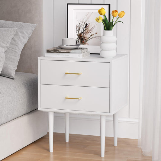 Smart FENDEE White Nightstand with 2 Drawers, 26" Tall Modern Bedside Table, Mid-Century Modern End Table, Wood Night Stand with Solid Wood Leg for Bedroom, Office