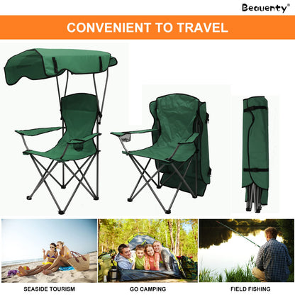 Beauenty Foldable Camping Chair with Armrests Outdoor Beach Chair With sunshade Perfect for Beach,go fishing，barbecue，Lawn，Picnic (green)