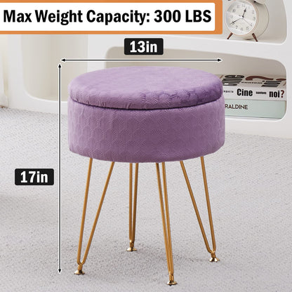 Cpintltr Footrest Footstools Round Velvet Ottoman with Storage Space Soft Vanity Chair with Memory Foam Seat Small Side Table Hallway Step Stool 4 Gold Metal Legs with Adjustable Footings Champagne