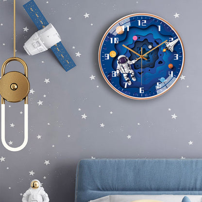 QINFIEY 12 Inch Silent Movement Kids Wall Clock, Non Ticking Children Round Wall Clock Battery Operated Space Travel Style Decor Children Clock for Home School Boys Bedroom Living Room (Blue)