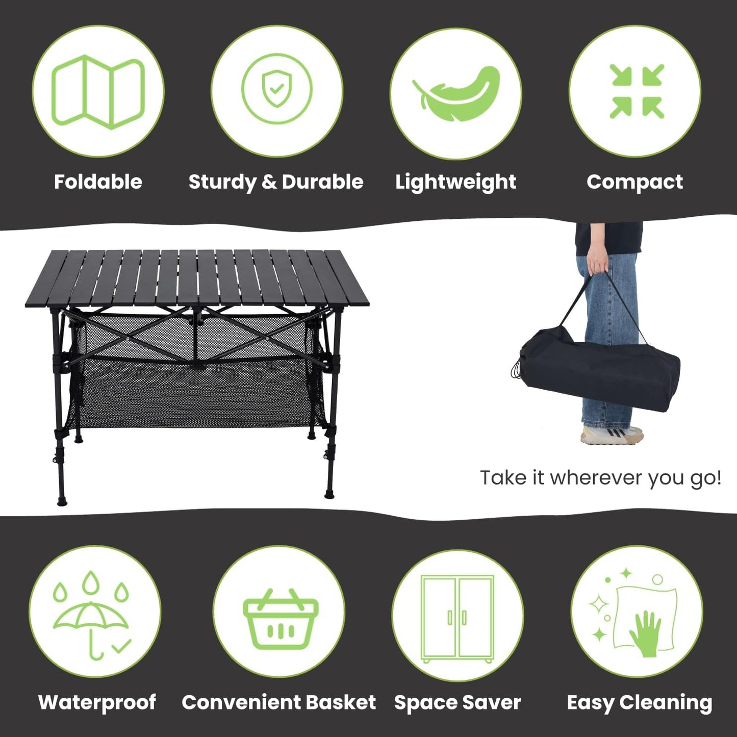 Adjustable Height 54 and 84 cm, Folding Table 2 Levels – Heavy Duty and Portable for Picnic, Camping, Beach, Outdoor Events – Foldable Table for BBQ party with Carry Bag – Size 95 x 55, H: 54-84 cm