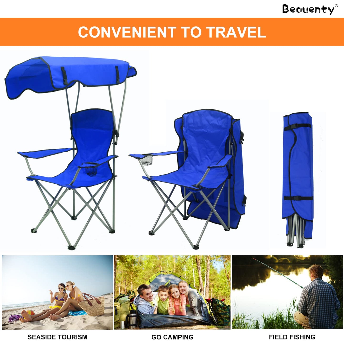 Beauenty Foldable Camping Chair with Armrests Outdoor Beach Chair With sunshade Perfect for Beach,go fishing，barbecue，Lawn，Picnic (green)