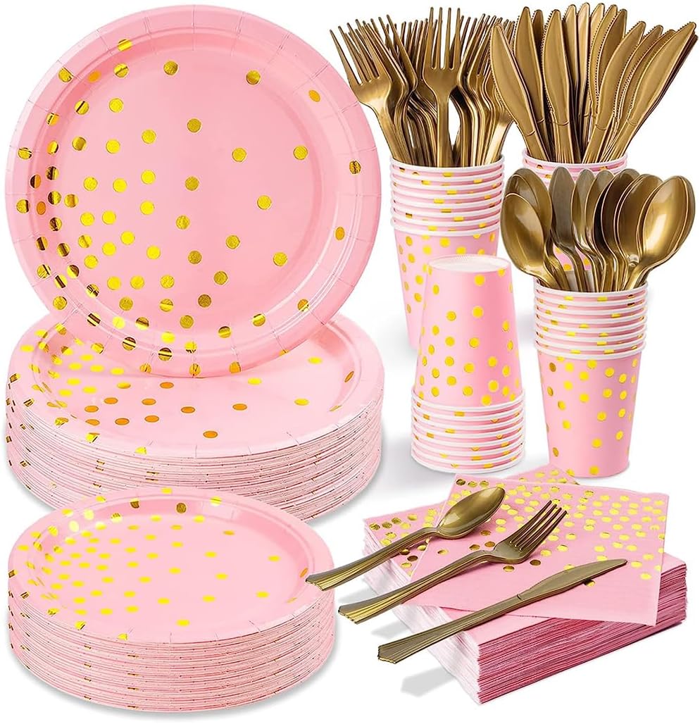 S2C 175 Pcs Serves 25 Heavy Duty Pink Gold Disposable Party Supplies With Paper Party Plates, Napkins, Cups, Spoons, Forks For Wedding, Birthday, Anniversary, Graduation Dinnerware Set (PINK GOLD)