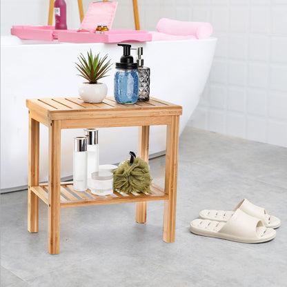 SOUJOY Bamboo Shower Bench, Bath Seat Stool, Spa Foot Rest Shaving Stool, Storage Shelf for Shampoo Towel, Works in Inside Bathroom, Living Room, Bedroom, Garden Leisure