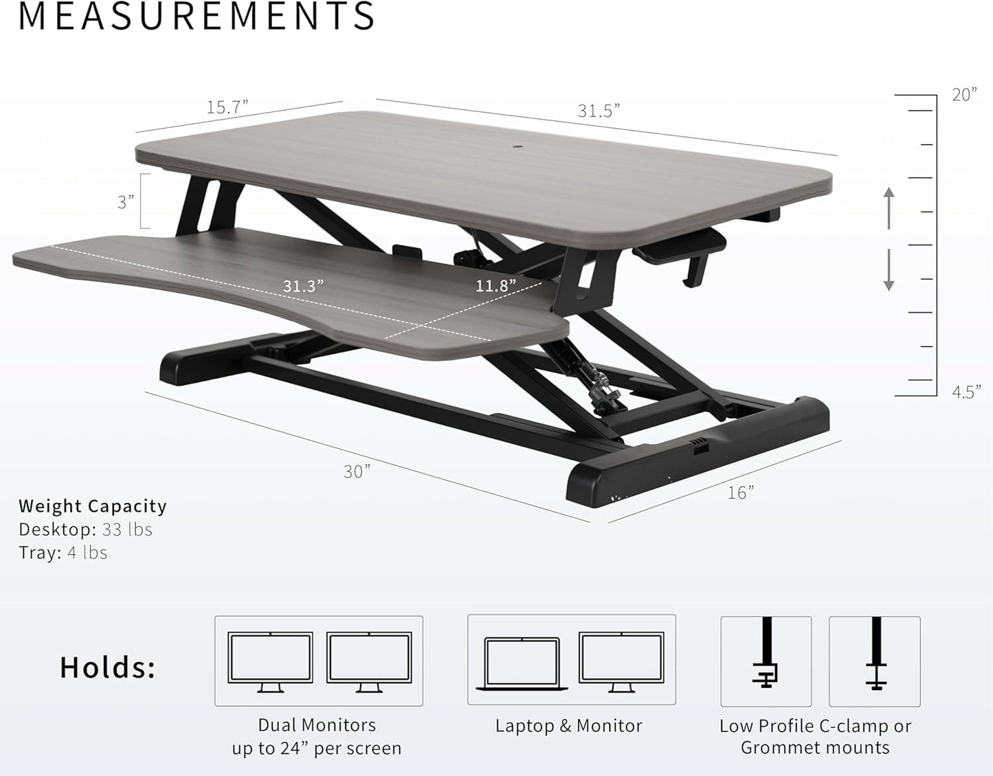 VIVO 32 inch Desk Converter, K Series, Height Adjustable Sit to Stand Riser, Dual Monitor and Laptop Workstation with Wide Keyboard Tray, Gray Top, Black Frame, DESK-V000KG